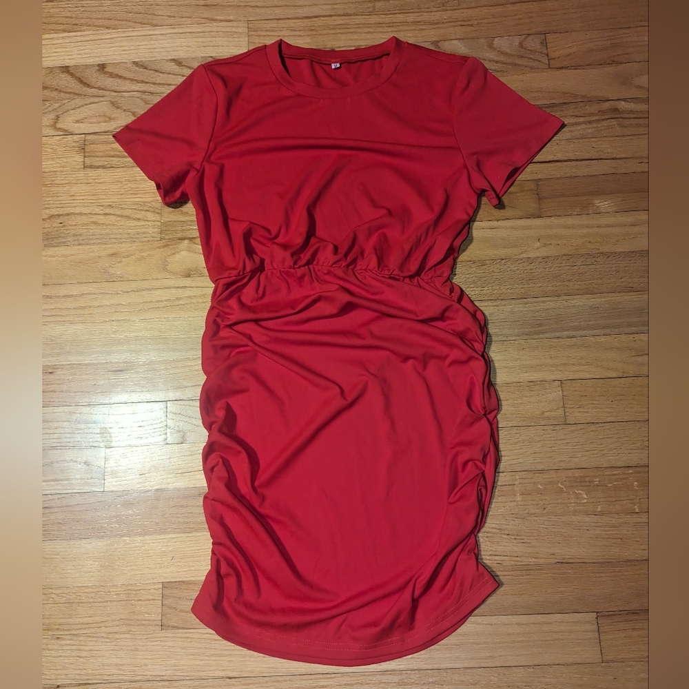 MEDIUM Red Ruched Bodycon Mini Dress Casual Short Sleeve T-Shirt Dress Summer